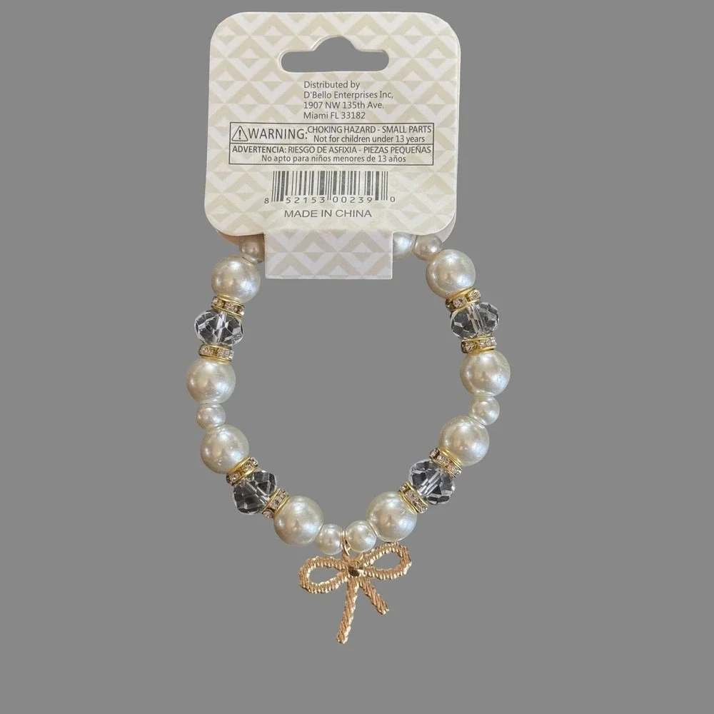 D'Bello White Pearl Beaded Stretch Charm Bracelet‎ Rhinestone Womens Jewelry NEW